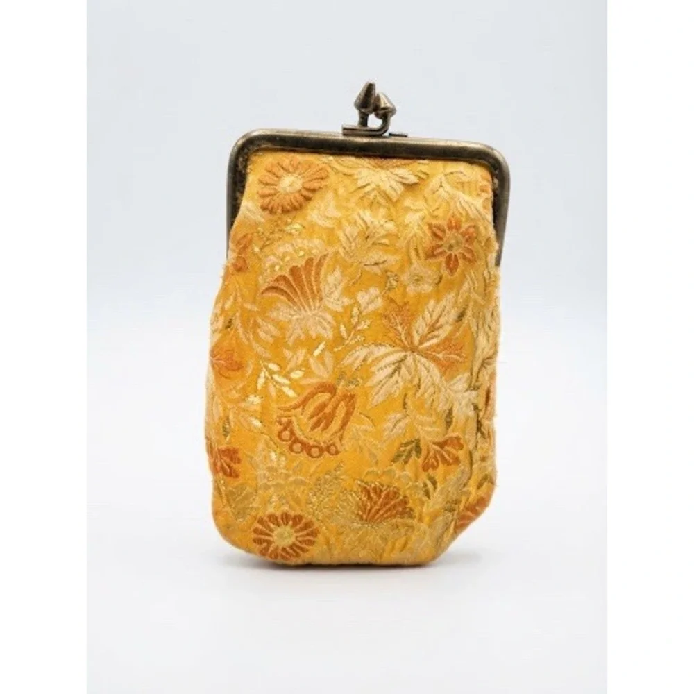 Vintage Gold Floral Brocade Kiss Lock Coin Purse Small Jewelry Pouch Brass Clasp